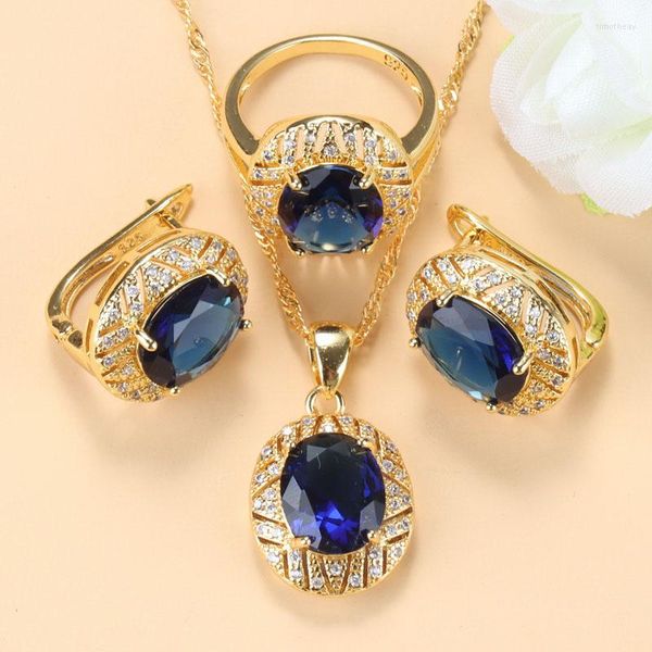 Collier boucles d'oreilles ensemble mariage luxueux grand avec pierre bleue naturelle femmes africaines Costume de mariée et ensembles d'anneaux à pince