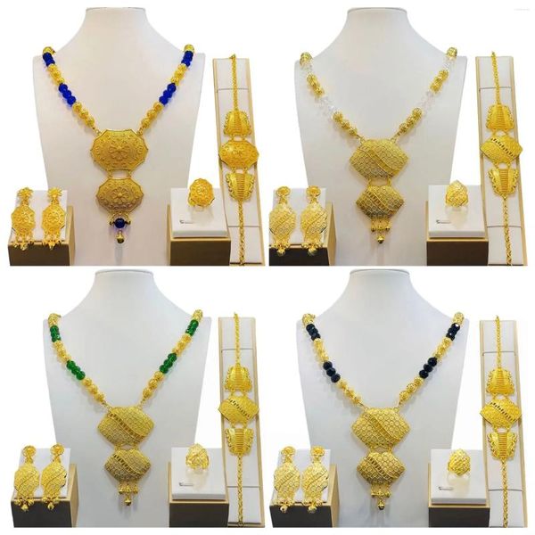 Conjunto de collar y pendientes, joyería chapada en oro de 24 quilates de lujo para mujer, regalos de boda nupcial de Dubái y gargantilla africana