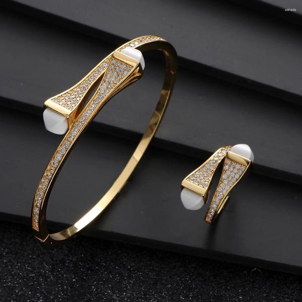 Conjunto de collar y pendientes de lujo, 2 uds., conjuntos de anillos de brazalete de colores dulces de Dubai para mujer, circonita cúbica de boda, puño abierto de oro, joyería nupcial