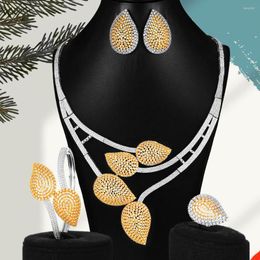 Collier Boucles d'oreilles Set Luxury 4pcs Bicolor Leaf Nig￩rian Jewelry for Women Wedding Zircon African Bridal 2022