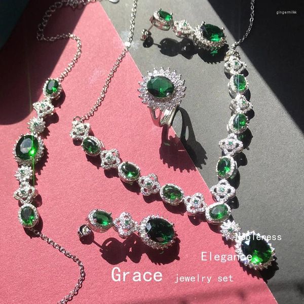 Ensemble de boucles d'oreilles et collier de luxe pour femmes, 4 pièces, pierre verte, cristal, zircone cubique AAA, robe de soirée, bijoux fins pour femmes
