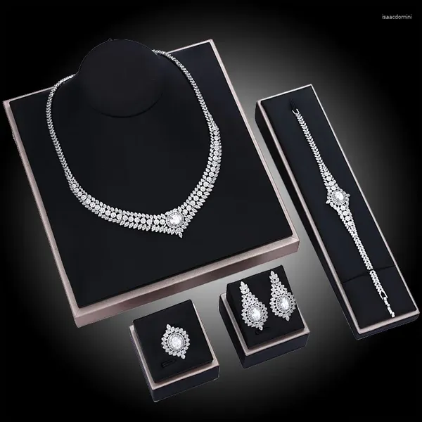 Ensemble de boucles d'oreilles et collier de luxe en Zircon cubique, 4 pièces, Bracelet de mariée de dubaï, bague, accessoires de bijoux de mariage pour femmes