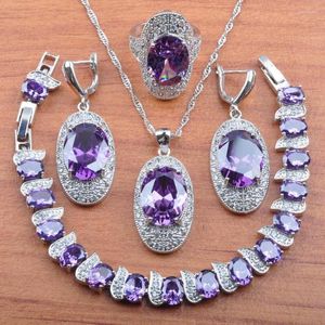 Ketting oorbellen set luxe bruids sieraden paars kristal voor vrouwen zilveren kleur en hangersringarmbanden JS0288