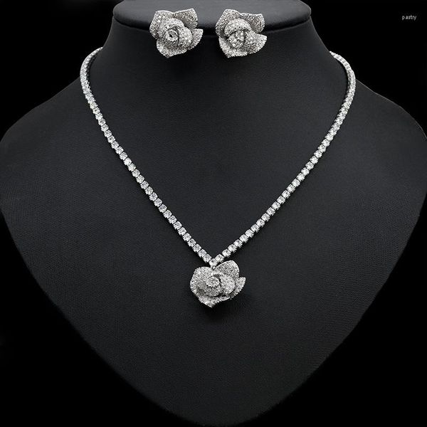 Collar Pendientes Set Lujo Nupcial Micro Pave Cubic Zirconia Anillo de flor de rosa grande para boda Gif