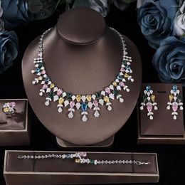 Ensemble de boucles d'oreilles et collier de luxe pour mariée, 4 pièces, zircone cubique colorée, accessoires de bal de mariage
