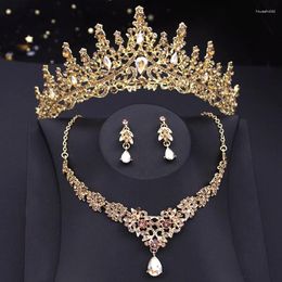 Ketting Oorbellen Set Luxe Champagne Kristal Bruidskroon Sieraden Prinses Koningin Tiara's Prom Bruid Bruiloft Dubai Mode