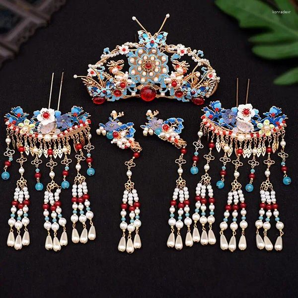 Conjunto de collar y pendientes, accesorios de lujo para el cabello Cloisonne para mujer, joyería nupcial china Hanfu