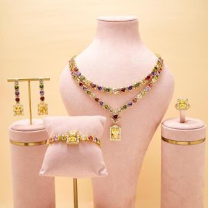 Ensemble de boucles d'oreilles et collier de luxe en Zircon cubique coloré pour femmes, colliers multicolores de haute qualité pour fête de mariage