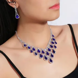 Ketting Oorbellen Set Luxe Kristal Blauw Rood Bruids Traanvorm Bruiloft Mode Feestaccessoires