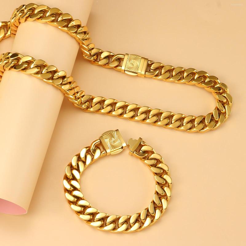 Серьги ожерелья устанавливают роскошные кубинские цепные браслеты для мужчин женщин из нержавеющей стали, покрытых золотой, серебряной цветовой пары, соответствующие вещам