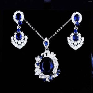 Boucles d'oreilles de collier Set Luxury Design Silver Color Bijoux pour les femmes Accessoires de fête en pierre bleue vintage Tanzanite