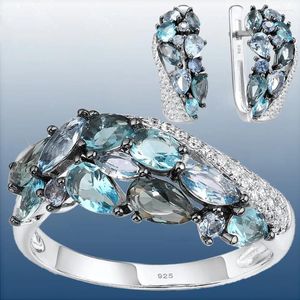 Collier Boucles d'oreilles Set Luxury Designer Aquamarine Crystal Jewelry Mariage Anneau de fiançailles Valentin Gift Joyas Para Damas