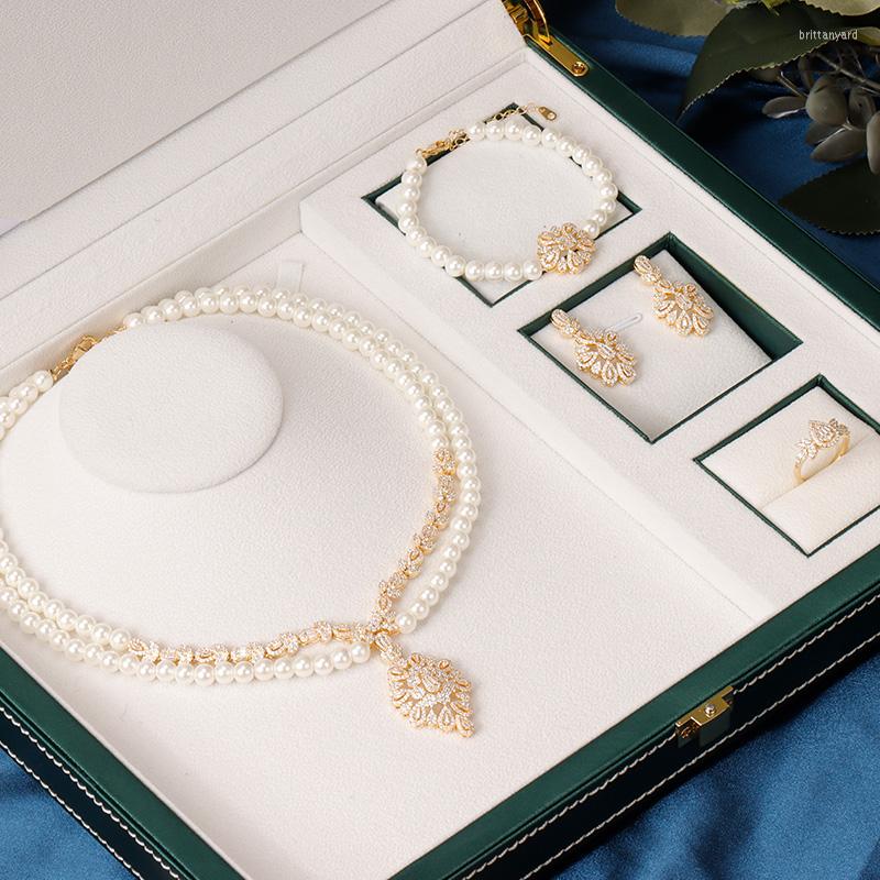 Collier boucles d'oreilles ensemble luxe Double couche perle cubique zircone 4 pièces bijoux Dubai mariées mariage tour de cou accessoires