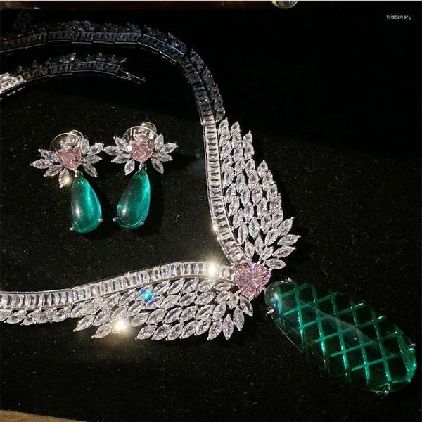 Pendientes de collar Juego de joyería de vestir de noche de lujo accesorio de 2 piezas Juego de gemas verdes/blancas de alta calidad y para mujeres Color de plata