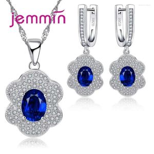 Collier et boucles d'oreilles en argent Sterling 925 pour femmes, ensemble de luxe exagéré, fleur de cristal bleue incrustée de strass complets