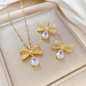 Colliers Boucles d'oreilles Set Luxury Fashion Bowknot Charme Crystal Charsedrop Colliers For Women Accessories Gift Bride Wedding