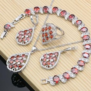 Collier boucles d'oreilles ensemble luxe mode mariée 925 argent rouge CZ pierre Bracelet anneau goutte