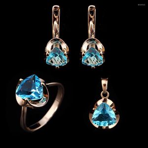 Collier boucles d'oreilles ensemble luxe mode boucle d'oreille à la mode coeur pierre bleue 585 couleur or bague et R femmes accessoires
