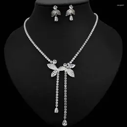 Halskette-Ohrringe-Set, luxuriöse Blume, lange Quaste, klarer Zirkonia, Hochzeits-Party-Zubehör