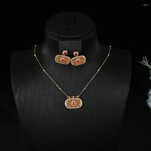 Ensemble de boucles d'oreilles et collier de luxe pour femmes de dubaï, fleur courte, pavé complet, zircone cubique, bijoux de fête de fiançailles, goutte d'eau, S421