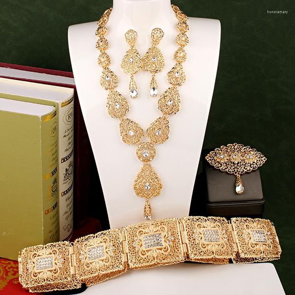 Conjunto de aretes de collar Caftán marroquí chapado en oro de lujo Joyería de boda Accesorios de novia étnicos Conjuntos musulmanes de cristal Regalos del Día de la Madre Real