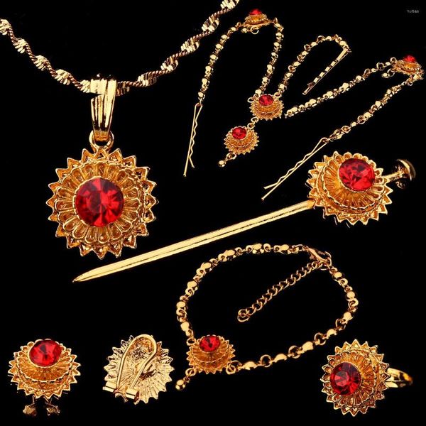 Collier boucles d'oreilles ensemble de luxe plaqué or mariée pour les femmes éthiopien rouge corde pendentif épingle à cheveux Bracelet anneau cadeau de mariage