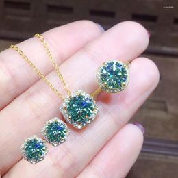 Collier boucles d'oreilles ensemble de luxe vert bleu artificiel Moissanite diamant pour les femmes de mariage couleur or anneaux pendentif colliers