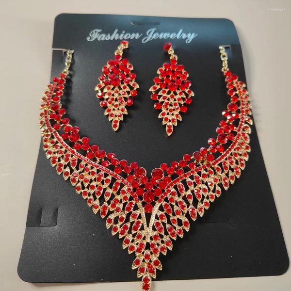 Conjunto de collar y pendientes, joyería de lujo, venta al por mayor, elegante, nupcial, boda, graduación, cristal rojo, gargantilla de diamantes de imitación para mujer