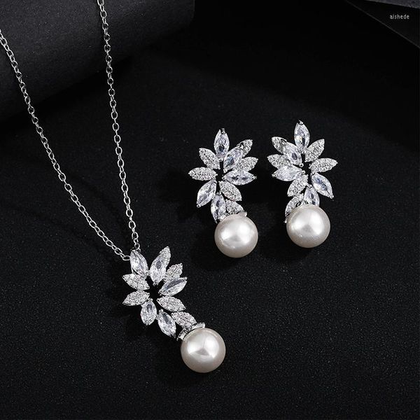 Collier Boucles D'oreilles Ensemble De Luxe Feuille Perle Dames En Couleur Or Blanc Avec Des Pierres De Zircon Cubique Et Des Bijoux En Deux Pièces