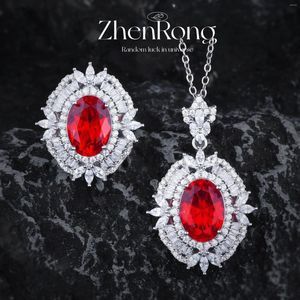 Ketting oorbellen set luxe ovale robijnrode robijnrode toermalijn bruid bruiloft mode hang kettingen charmes zilveren kleurringen voor vrouwen