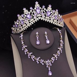 Ensemble de boucles d'oreilles et collier de luxe, couronne violette de princesse, bijoux de mariée pour femmes, accessoires de mariage