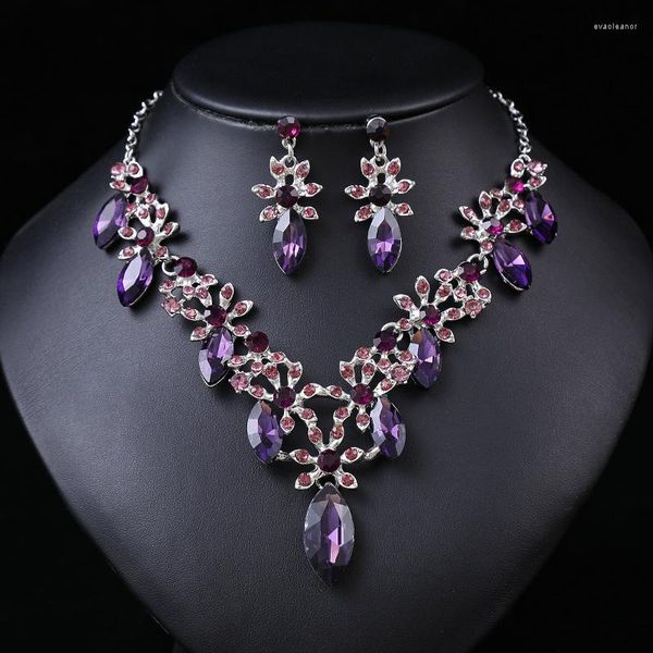 Collier boucles d'oreilles ensemble luxe violet strass feuille mariée femmes cristal fleurs tour de cou robe de mariée Dubai bijoux