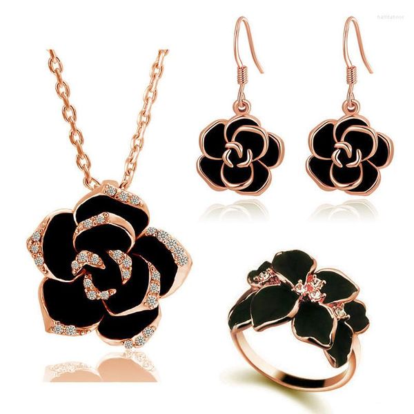 Conjunto de pendientes de collar, colgantes de flores rosas de lujo, conjuntos de moda para mujer, anillos de vestido de novia de colores dorados