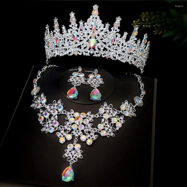 Ensemble de boucles d'oreilles et collier de luxe, couleur argent or, cristal AB, bijoux de mariée, fleur ras du cou, couronne en strass, robe de mariée