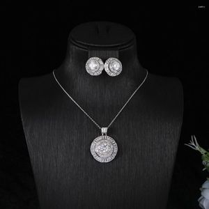 Ketting Oorbellen Set Luxe Zoete 3-laags Ronde Stud Oorbel Volledige Pave Zirkonia Verlovingsfeest Drop Sieraden Voor Dubai Vrouwen S437