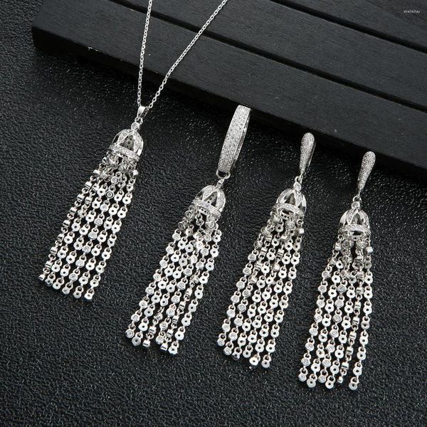 Collier boucles d'oreilles ensemble de luxe gland gouttes boucle d'oreille anneau ensembles Zircon cubique pour les femmes mariage inde bijoux de mariée D1377