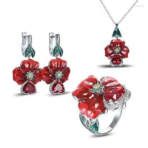 Collier Boucles d'oreilles Set Luxury Trendy Red Emell for Women Crystal Pendants Rings Bijoux de fête de mariage