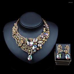 Ketting Oorbellen Set Luxe Vintage Sieraden Maxi Vrouwen Grote Hangende Verklaring Collares F1024 Met Strass 6 Kleuren