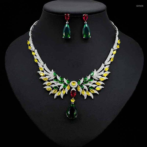 Collier Boucles D'oreilles Ensemble De Luxe Goutte D'eau Pendentif Colliers Ensembles Cristal Cubique Zircon Pour Les Femmes De Mariage De Mariée Africain Inde Bijoux Bijoux