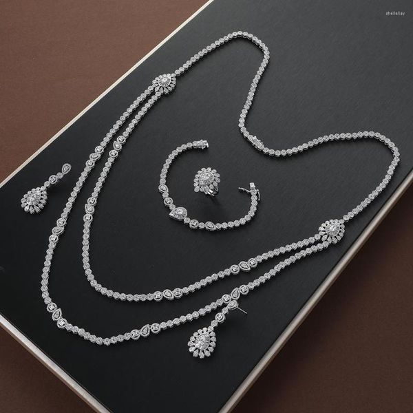 Conjunto de collar y pendientes de lujo con forma de gota de agua, cadena doble, pulsera larga, conjuntos de anillos para mujer, joyería nupcial de circonia cúbica S480-6786