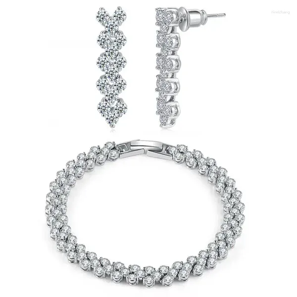 Ensemble de boucles d'oreilles et collier de luxe pour femmes, cristal de mariage, mode coréenne, zircone cubique, Bracelet de Tennis, couleur argent brillant SR002