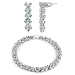 Ensemble de boucles d'oreilles et collier de luxe pour femmes mariées, Bracelet de Tennis en zircone scintillante, couleur argent, cadeau de noël, SR002