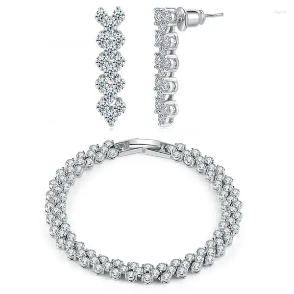 Ensemble de boucles d'oreilles et collier de luxe pour femmes mariées, Bracelet de Tennis en zircone scintillante, couleur argent, cadeau de noël, SR002