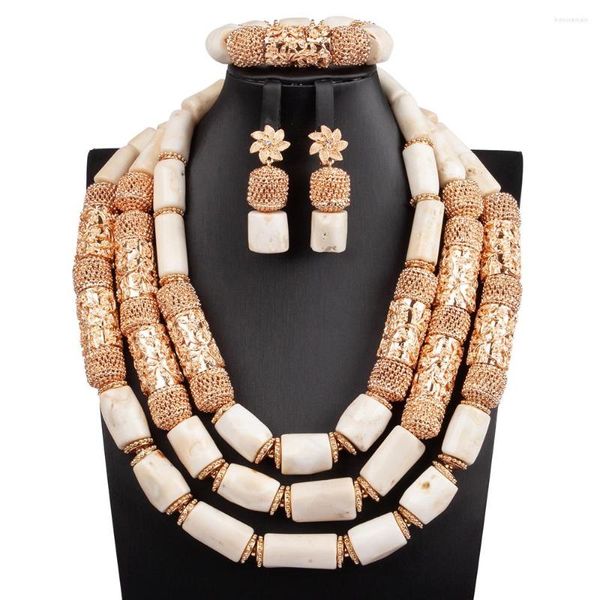 Conjunto de collar y pendientes de lujo, cuentas de Coral africanas blancas y doradas, joyería de Dubái, boda, novia, Real CNR341