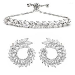 Ketting Oorbellen Set Luxe Witte Olijftak Zirkoon Bruiloft Vrouwen Met Grote Blad Mode Verstelbare Armband En Sets Atacado