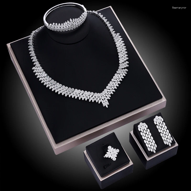 Necklace Earrings Set Luxury Women Jewelry Elegant Shape Bridal CZ Bracelet Ring 4pcs Big Wedding For Bride