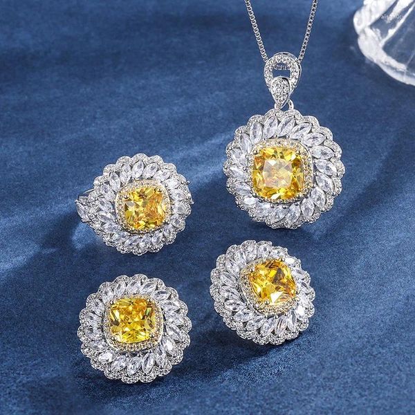 Ensemble de boucles d'oreilles et collier de luxe en Citrine jaune et Zircon, pendentif, bague réglable, bijoux pour femmes