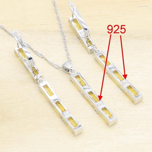 Collier boucles d'oreilles ensemble luxe jaune Zircon couleur argent pour les femmes 925 timbre Bracelet longues bagues pendentif boîte-cadeau