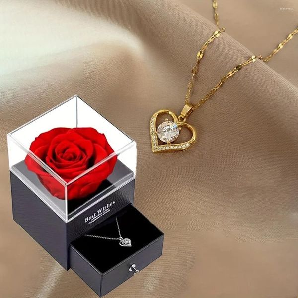 Pendientes de collar Conjunto de circón de lujo con joyería de regalo de flores de rosa conservada para mamá esposa esposa cumpleaños regalos románticos