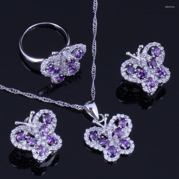 Collier boucles d'oreilles ensemble majestueux papillon violet oxyde de zirconium blanc CZ argent plaqué pendentif chaîne anneau V1000